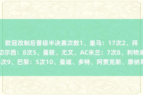 欧冠改制后晋级半决赛次数1、皇马:17次2、拜仁、巴萨:13次4、切尔西:8次5、曼联、尤文、AC米兰:7次8、利物浦:6次9、巴黎:5次10、曼城、多特、阿贾克斯、摩纳哥、国米:4次让球网体育信息